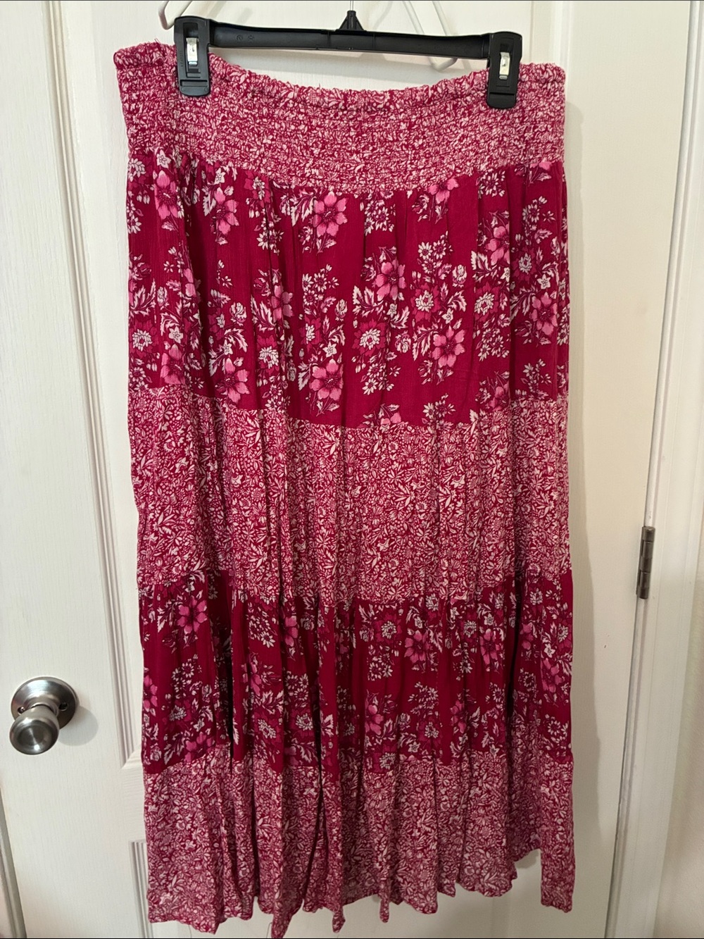 Smocked Waist Floral Tiered Maxi Skirt - Raspberry Pink
